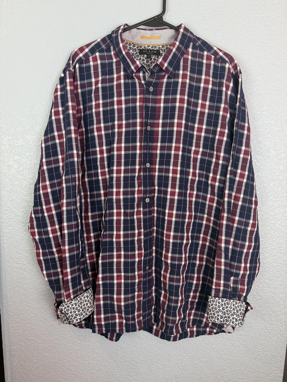 Ted Baker Shirt Mens Large Blue Red Plaid Floral Cuff Button Up Casual Modern